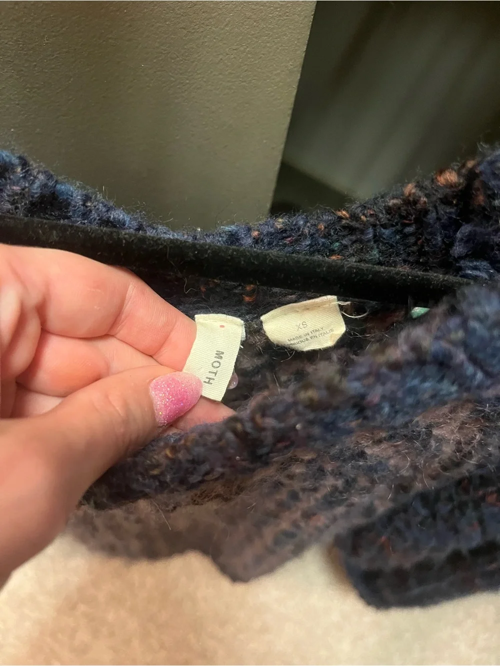 Moth by Anthropologie Navy & Pink Open Weave Crewneck Sweater
